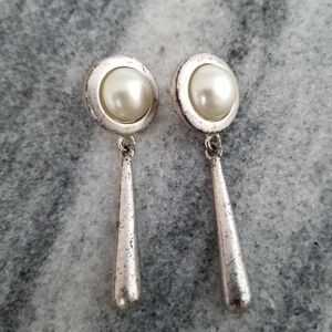 Vintage JS Post Earrings with Long Dangle Drop, Silver Tone, Retro, Estate